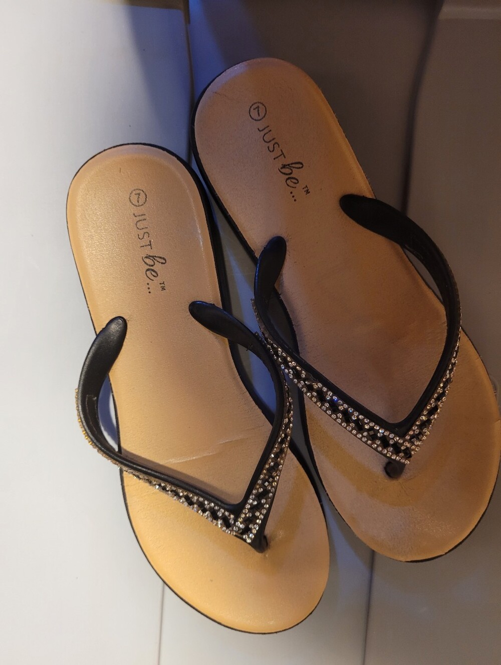 just be Black Rhinestone Women's Thong Sandals